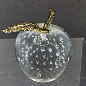 Art Glass Paperweight Controlled Bubbles Apple Metal Stem Clear